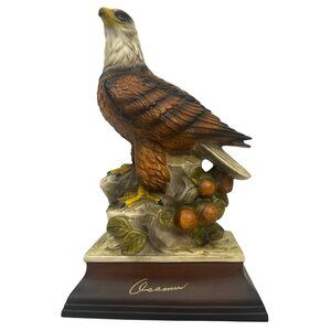 Hand Painted Resin Bald Eagle Figurine On Wood Base Signed Osamu D192R Statue
